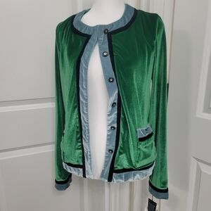 Anna Sui Emerald Velvet Blazer with Teal Accents New